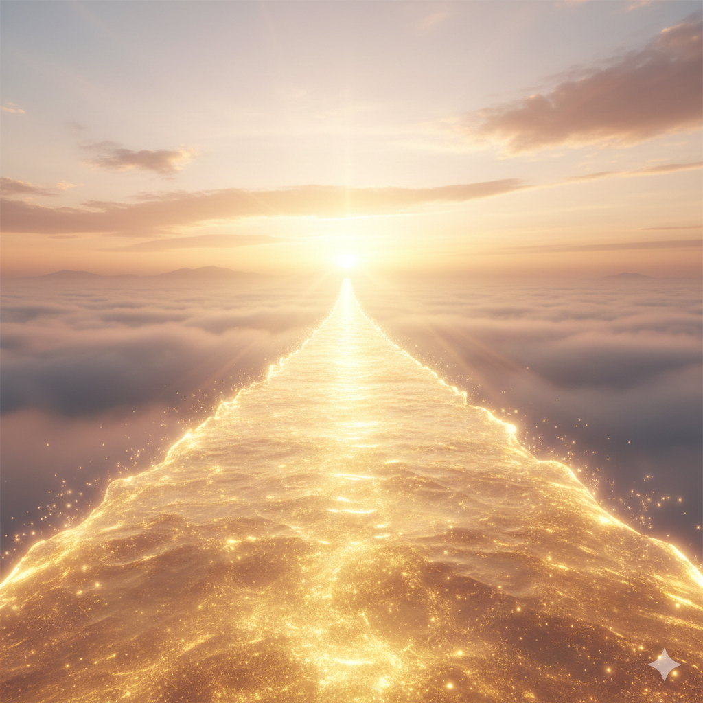 Caminho de luz simbolizando a continuidade da vida e os laços espirituais além da matéria.